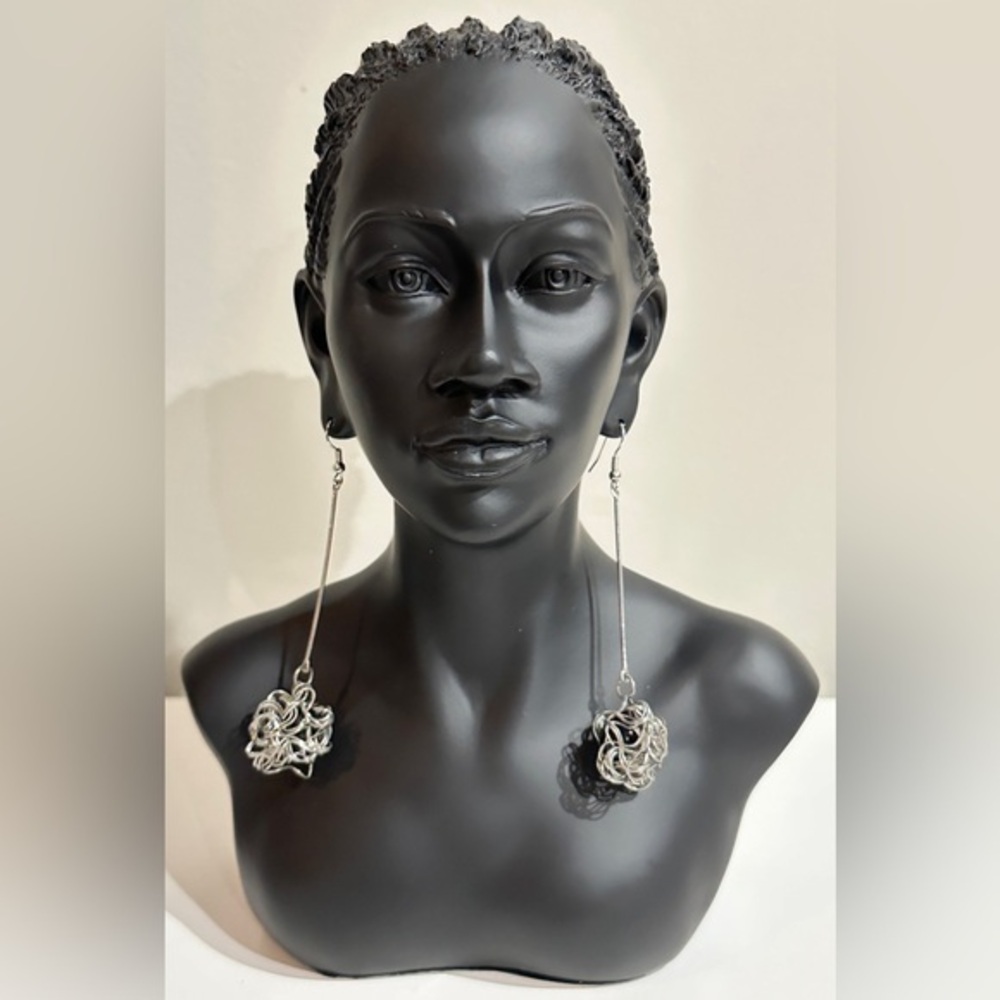 Silver Wire Drop Earrings with Black Accent Inside